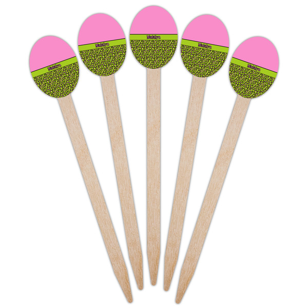 Pink & Lime Green Leopard Wooden Food Pick - Oval - Fan View