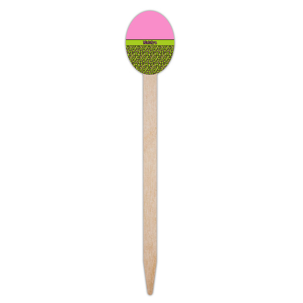 Pink & Lime Green Leopard Wooden Food Pick - Oval - Single Pick