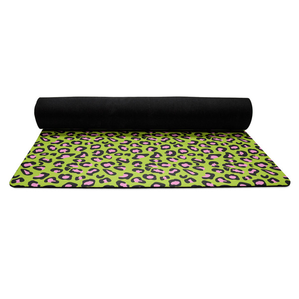 Pink & Lime Green Leopard Yoga Mat Rolled up Black Rubber Backing