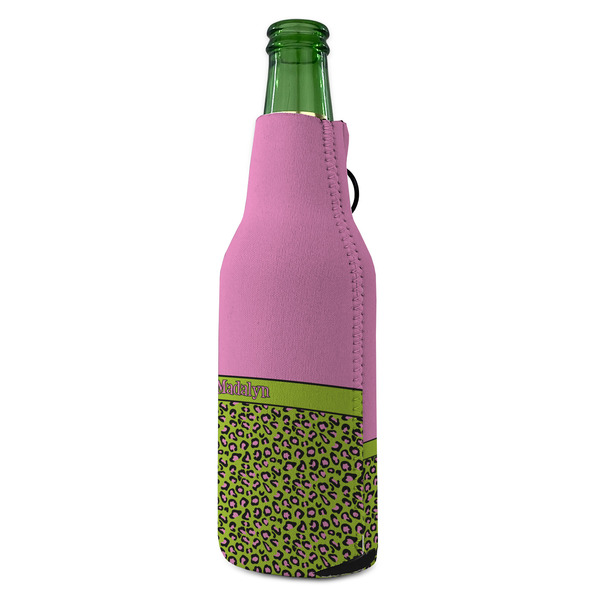 Pink & Lime Green Leopard Zipper Bottle Cooler - ANGLE (bottle)