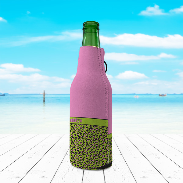 Pink & Lime Green Leopard Zipper Bottle Cooler - LIFESTYLE