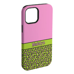 Pink & Lime Green Leopard iPhone Case - Rubber Lined - iPhone 15 Plus (Personalized)