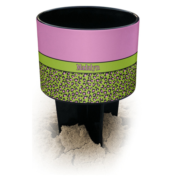 Custom Pink & Lime Green Leopard Black Beach Spiker Drink Holder (Personalized)