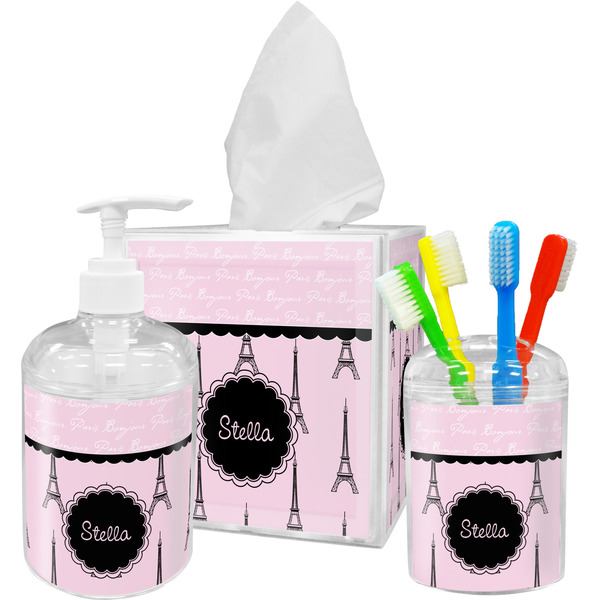 Custom Paris & Eiffel Tower Acrylic Bathroom Accessories Set w/ Name or Text