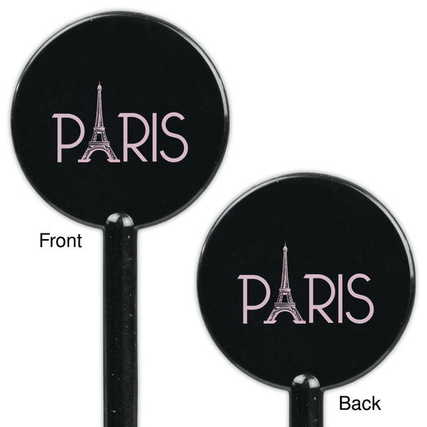 Paris & Eiffel Tower Black Plastic 5.5" Stir Stick - Double Sided - Round - Front & Back