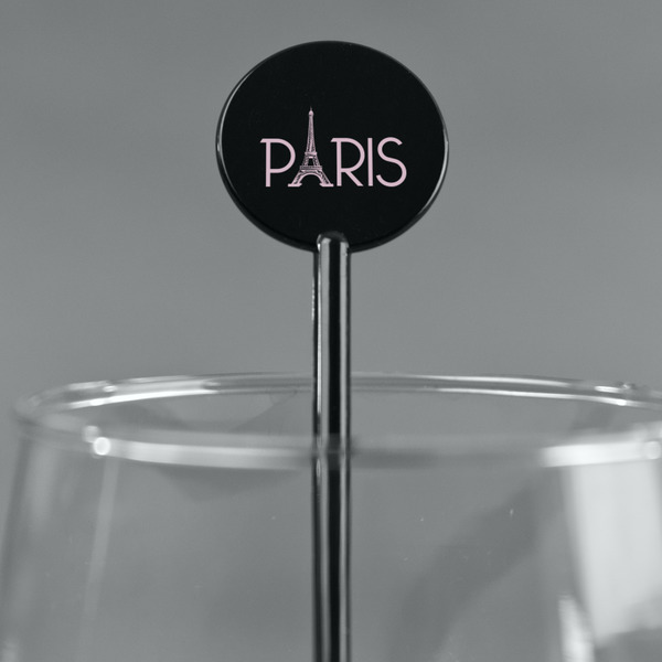 Paris & Eiffel Tower Black Plastic 5.5" Stir Stick - Round - Main