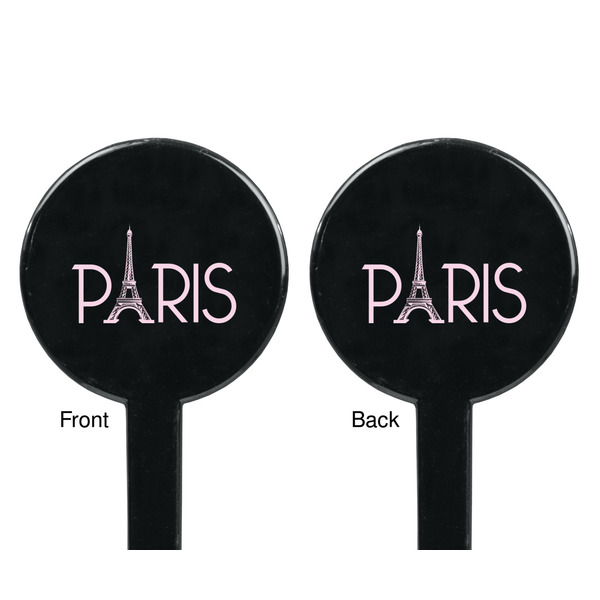Paris & Eiffel Tower Black Plastic 7" Stir Stick - Double Sided - Round - Front & Back