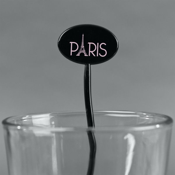 Paris & Eiffel Tower Black Plastic 7" Stir Stick - Oval - Main