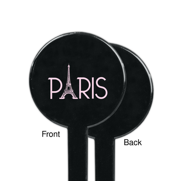 Paris & Eiffel Tower Black Plastic 7" Stir Stick - Single Sided - Round - Front & Back