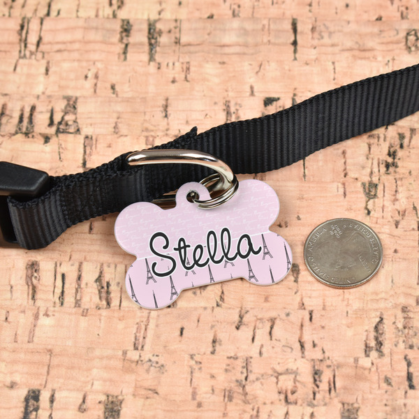 Paris & Eiffel Tower Bone Shaped Dog ID Tag - Large - In Context