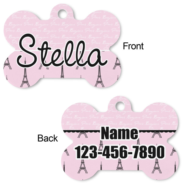 Paris & Eiffel Tower Bone Shaped Dog Tag - Front & Back