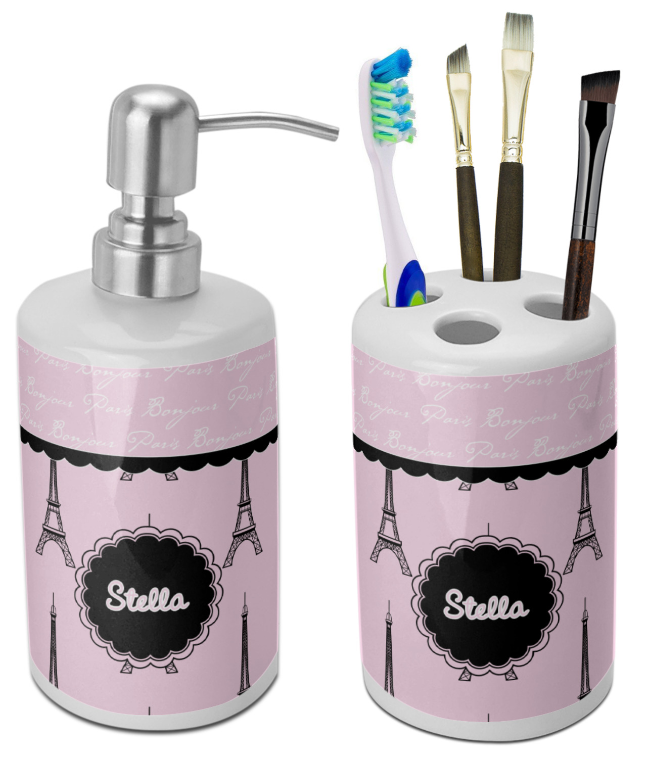 Custom Paris & Eiffel Tower Ceramic Bathroom Accessories Set (Personalized) YouCustomizeIt
