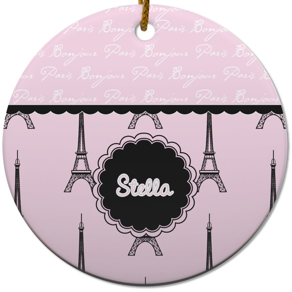 Custom Paris & Eiffel Tower Round Ceramic Ornament w/ Name or Text