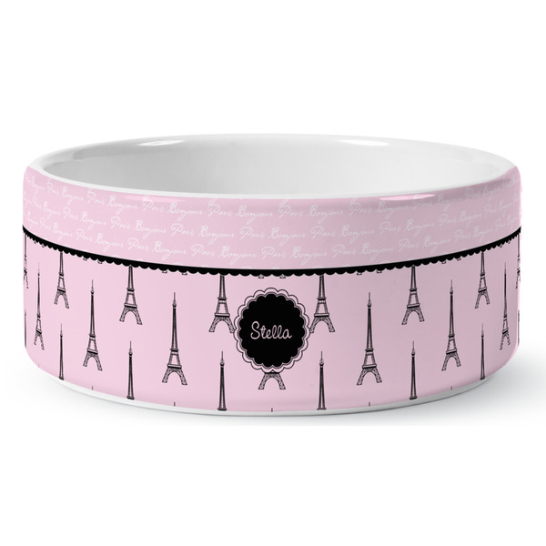 Custom Paris & Eiffel Tower Ceramic Dog Bowl - Large (Personalized)