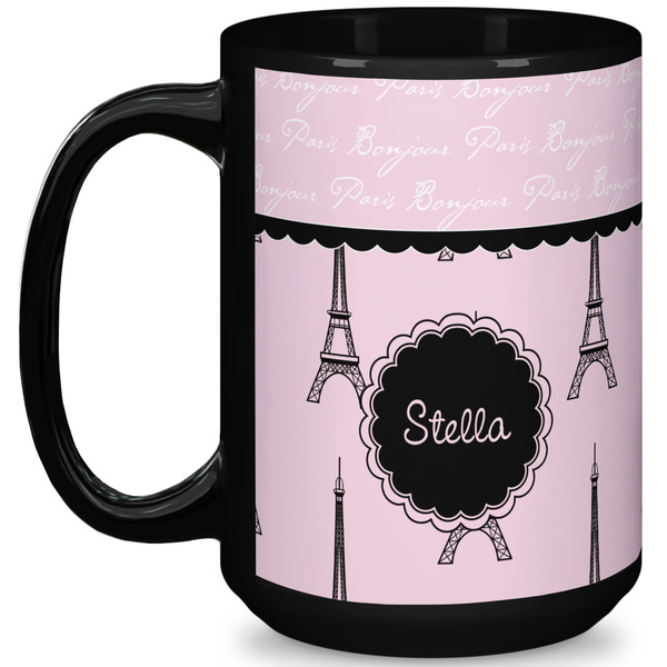 Custom Paris & Eiffel Tower 15 Oz Coffee Mug - Black (Personalized)