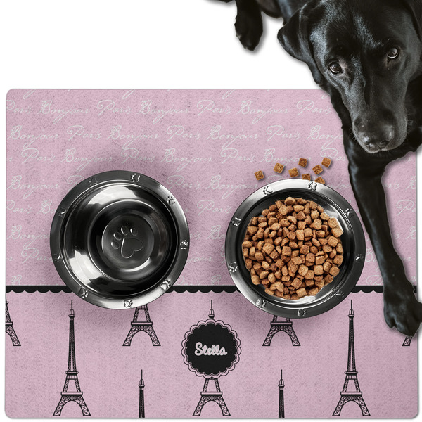 Custom Paris & Eiffel Tower Dog Food Mat - Large w/ Name or Text