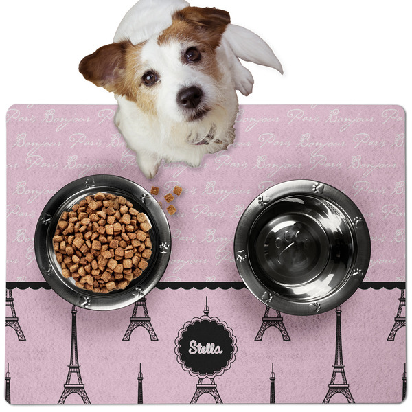 Custom Paris & Eiffel Tower Dog Food Mat - Medium w/ Name or Text