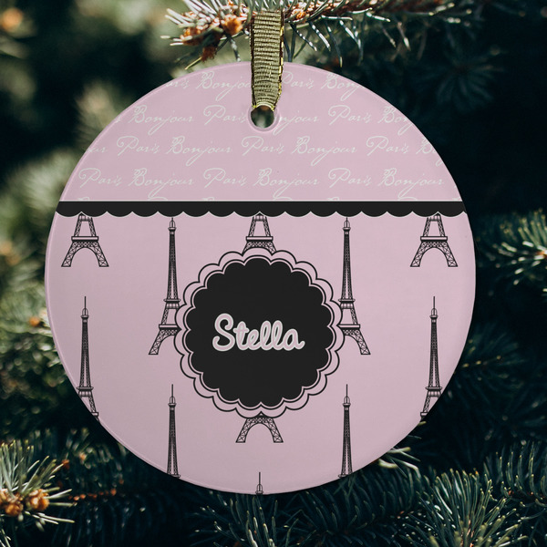 Paris & Eiffel Tower Frosted Glass Ornament - Round (Lifestyle)