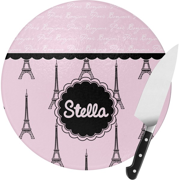 Custom Paris & Eiffel Tower Round Glass Cutting Board (Personalized)