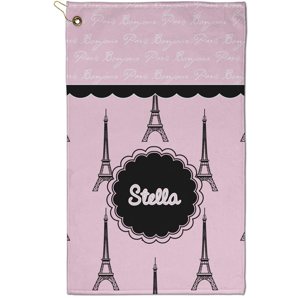 Custom Paris & Eiffel Tower Golf Towel - Poly-Cotton Blend - Small w/ Name or Text
