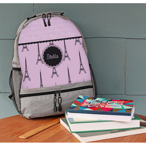 Paris & Eiffel Tower Large Backpack - Gray - On Desk