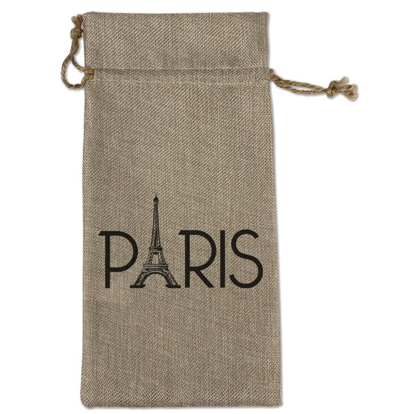Custom Paris & Eiffel Tower Large Burlap Gift Bag - Front