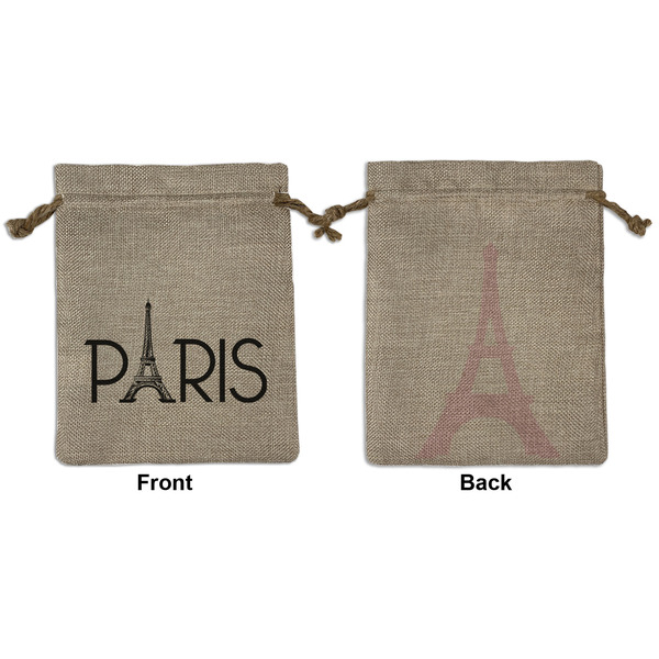 Custom Paris & Eiffel Tower Medium Burlap Gift Bag - Front & Back