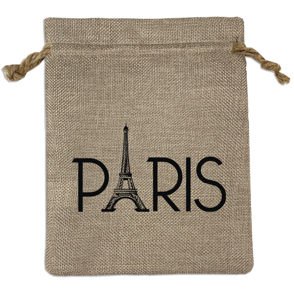 Custom Paris & Eiffel Tower Medium Burlap Gift Bag - Front
