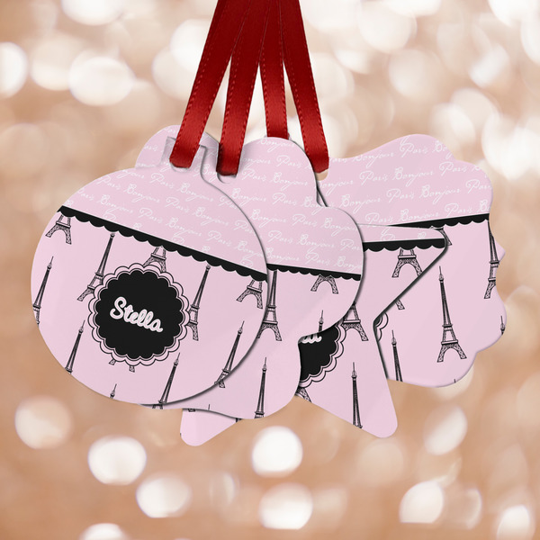 Custom Paris & Eiffel Tower Metal Ornaments - Double Sided w/ Name or Text