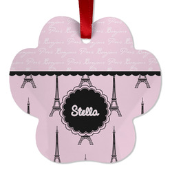 Paris & Eiffel Tower Metal Paw Ornament - Double Sided w/ Name or Text