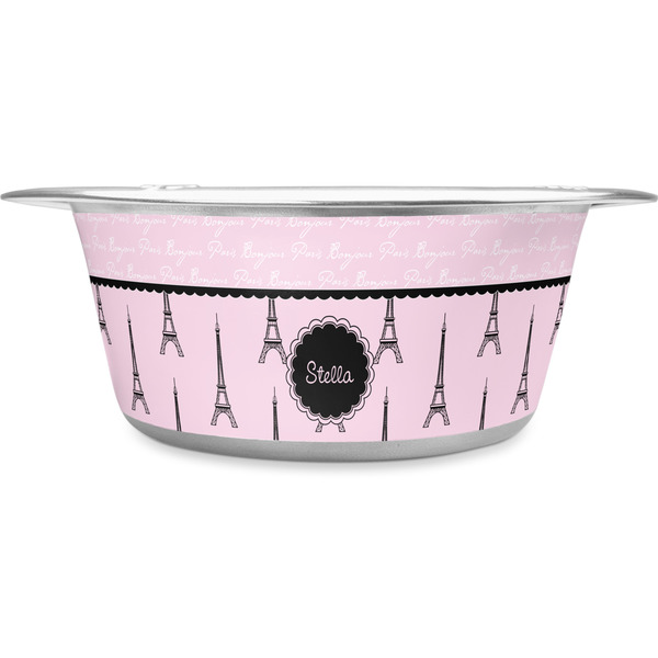 Custom Paris & Eiffel Tower Stainless Steel Dog Bowl - Large (Personalized)