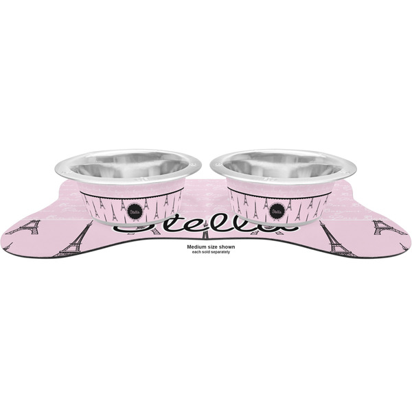 Paris & Eiffel Tower Metal Pet Bowls - On Dog Bone Shaped Mat