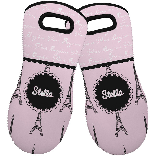 Custom Paris & Eiffel Tower Neoprene Oven Mitts - Set of 2 w/ Name or Text