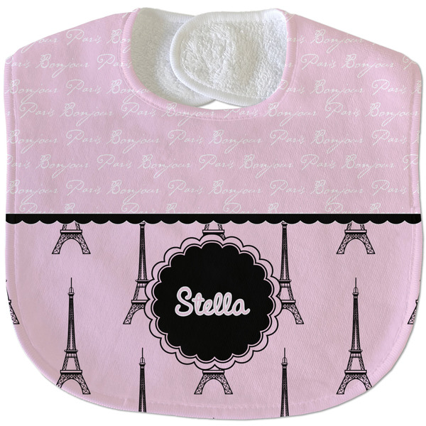 Custom Paris & Eiffel Tower Velour Baby Bib w/ Name or Text