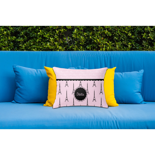 Paris & Eiffel Tower Outdoor Throw Pillow  - LIFESTYLE (Rectangular - 20x14)