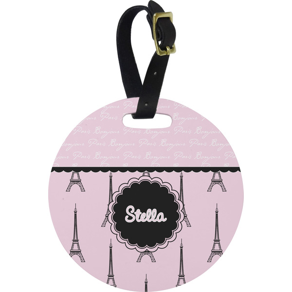 Custom Paris & Eiffel Tower Plastic Luggage Tag - Round (Personalized)