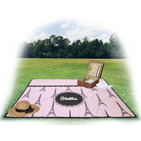 Paris & Eiffel Tower Picnic Blanket - with Basket Hat and Book - in Use