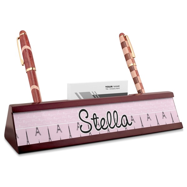 Custom Paris & Eiffel Tower Red Mahogany Nameplate with Business Card Holder (Personalized)