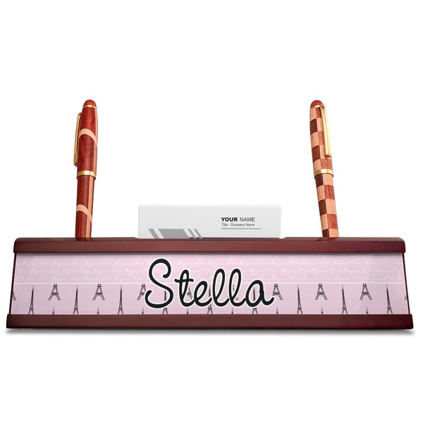 Paris & Eiffel Tower Red Mahogany Nameplates with Business Card Holder - Straight