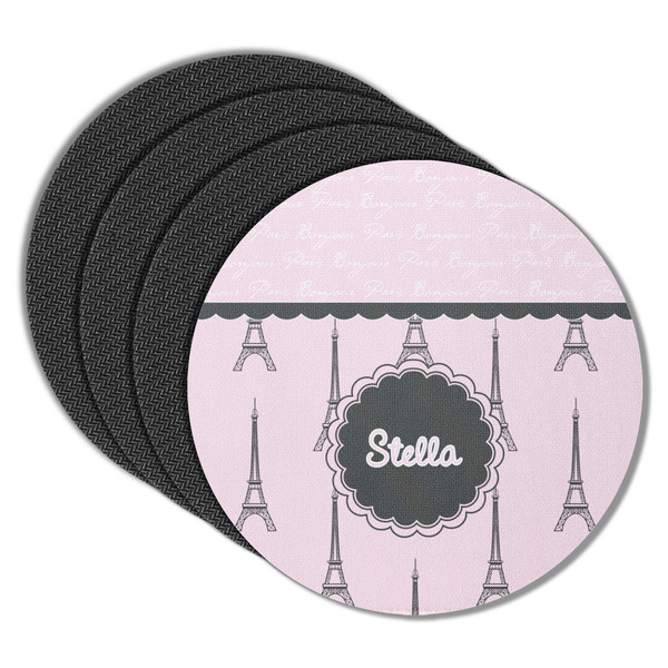 Custom Paris & Eiffel Tower Round Rubber Backed Coasters - Set of 4 (Personalized)