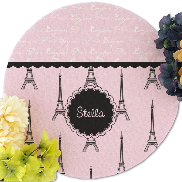 Paris & Eiffel Tower Round Linen Placemats - Front (w flowers)