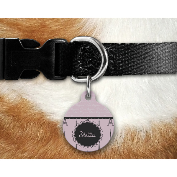 Paris & Eiffel Tower Round Pet Tag on Collar & Dog