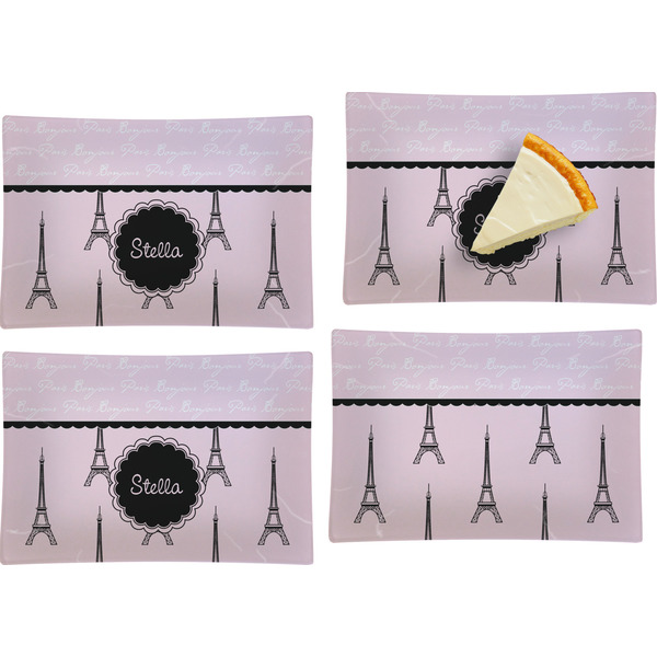 Custom Paris & Eiffel Tower Set of 4 Glass Rectangular Appetizer / Dessert Plate (Personalized)
