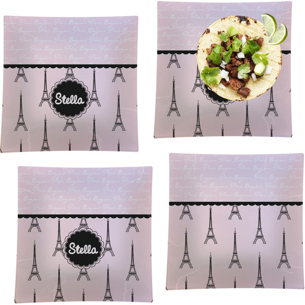 Custom Paris & Eiffel Tower Set of 4 Glass Square Lunch / Dinner Plate 9.5" (Personalized)