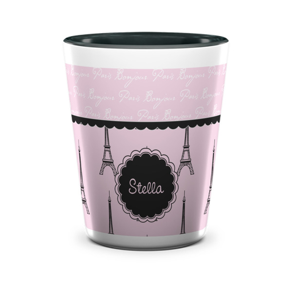 Custom Paris & Eiffel Tower Ceramic Shot Glass - 1.5 oz - Two Tone - Set of 4 (Personalized)