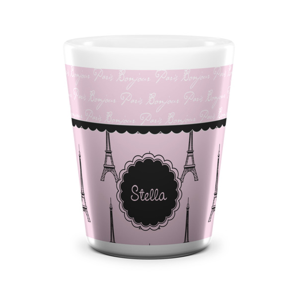 Custom Paris & Eiffel Tower Ceramic Shot Glass - 1.5 oz - White - Set of 4 (Personalized)
