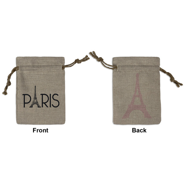 Custom Paris & Eiffel Tower Small Burlap Gift Bag - Front & Back