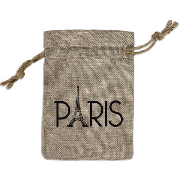 Custom Paris & Eiffel Tower Small Burlap Gift Bag - Front