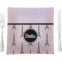 Paris & Eiffel Tower 9.5" Glass Square Lunch / Dinner Plate- Single or Set of 4 (Personalized)