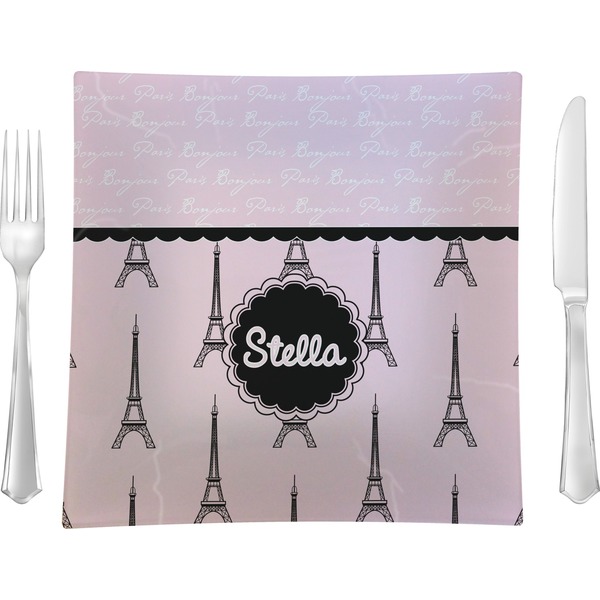 Custom Paris & Eiffel Tower Glass Square Lunch / Dinner Plate 9.5" (Personalized)